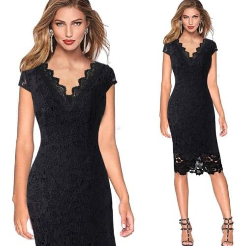 2021 New Arrival Summer Lace Sexy V neck Tight Knee Dress Black Elegant Short Sleeve Office Business Sheath Women Dress Vestidos
