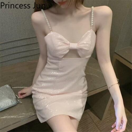 Women Summer Sexy Sequined Pearl Sling Dress V Neck Sleeveless Hollow Out Blingbling Party Dress Bow Tie Tube Top Pink Dress