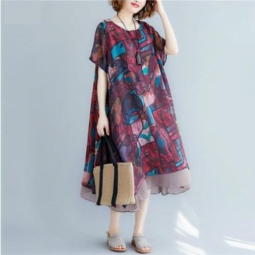 Plus Size 4XL 5XL 6XL 7XL Chiffon Print Summer Beach Dress Women 2020 New Korean Casual Long Dresses Robe Female Vestidos