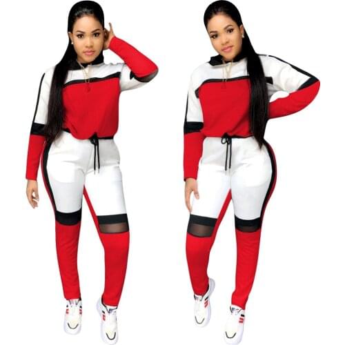 AHVIT Casual Patchwork Mesh Fashion Women Two Piece Set Long Sleeve O Neck Top And Long Sport Pants YZ-B728