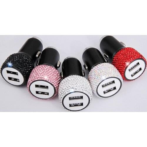 1Pc Dual USB Car Charger Bling Bling Handmade Rhinestones Crystal Car Decorations for Fast Charging Car Styling 5 Colors