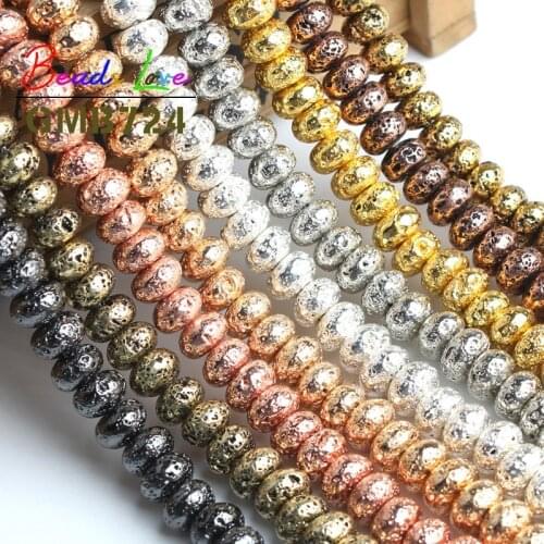 Wholesale Lava Stone Plating Volcanic Rock Round Rondelle Spacer Beads for Jewelry Making Diy Bead Bracelet 6 8 10mm 15 Inches