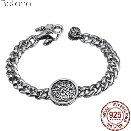 Real 100% 925 Sterling Silver 360 Rapid Rotating Six Words Sutra Buddhistic Bracelet For Men Fashion Vintage Jewelry Gifts