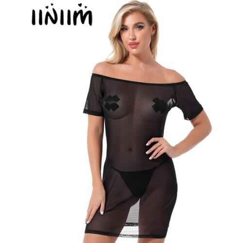 Black Women Off Shoulder Short Sleeve Sexy Dress See-through Mesh Dresses Clubwear Vacation Beach Bikini Swimsuit Cover Ups