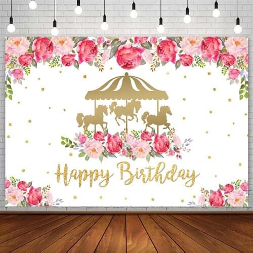 Happy Birthday Party Backdrop Carousel Pink Flower Girl Decor Green Leaf Gold Dot Photography Background Photo Studio Photophone