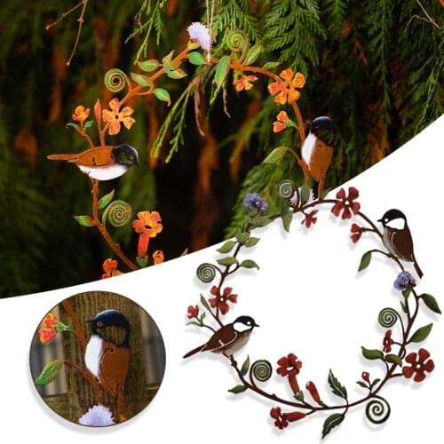 HOT Chickadees Flowers Wreath Wall Art Metal Birds & Flowers Innovative Home Garden Decor for Indoor Outdoor