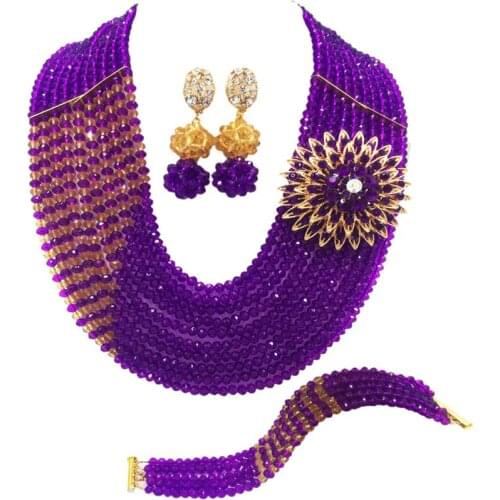 Graceful purple and champagne gold nigerian necklace african wedding beads costume jewelry set