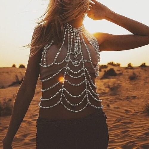 European hyperbole Multi-layers Pearls Necklace Choker Vest Tops Breast Crop Body Chain Sexy Fringe Pearl Clubwear Wide Necklace