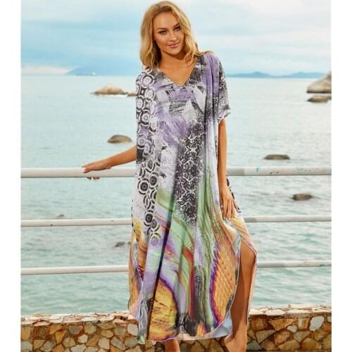 Sexy V Neck Bohemian Women Summer Beach Dress Swim Wear Cover Up Tunic Robe Kaftan Beach Bikini Cover-ups Pareo