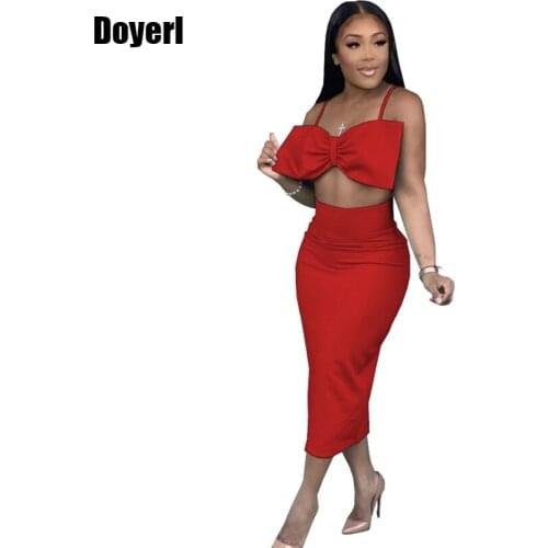 Sexy Two Piece Set Birthday Outfits for Women Club Party Bow Crop Top Midi Summer Dress Sets Bodycon 2 Piece Matching Sets 2021