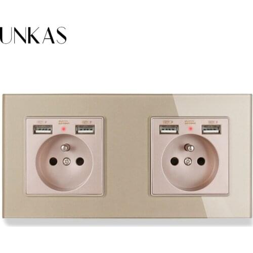 UNKAS 2 Gang Crystal Glass Panel Wall Socket with 4 USB Outlet French Standard Electrical Wall Charger Adapter 172*86mm