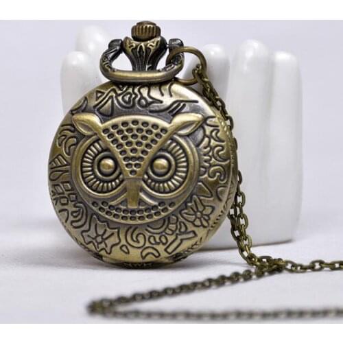 Vintage Bronze antiques owl Fashion quartz Students present pendant Necklace pocket watches gift