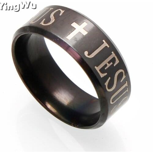 Yingwu Black Titanium Steel Jesus Rings Cross Prayer Letter Bible Wedding Band Ring Men Jewelry 30pcs Wholesale