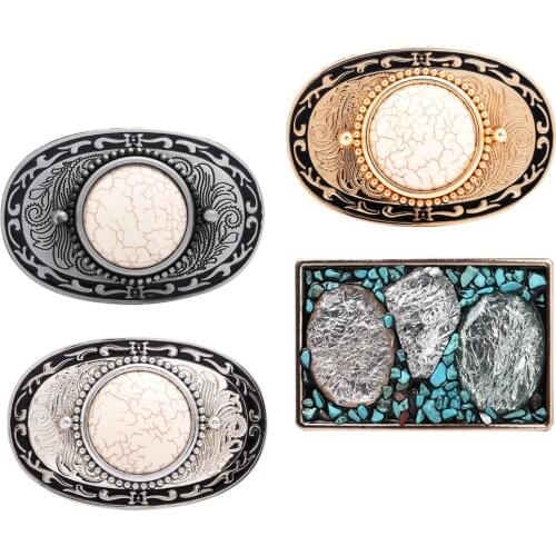 Western Belt Buckle Replacement - Inlaid Gemstone & Turquoise - Novelty Cowboy Belt Buckle, Oval / Square