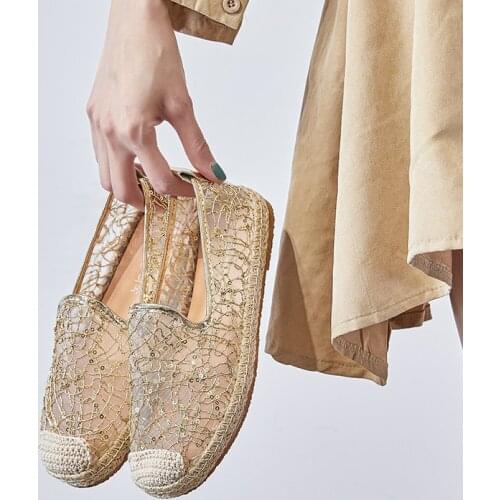 Mesh Fishers Shoes Womens Shoes Spring and Summer 2021 New Hemp Rope Bottom Straw Flat Shoes Gold Mesh Shoes Mesh Single Shoes