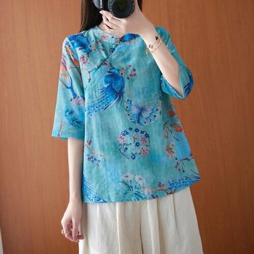 Women Cotton Linen Casual T-shirts New Arrival 2021 Summer Chinese Style Vintage Print Loose Female Short Sleeve Tops Tees B268
