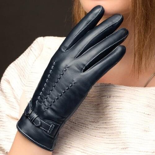 Women Genuine Leather Gloves Fashion Sheepskin Glove Autumn Winter Thermal Velvet Lining Driving Gloves NW707-5