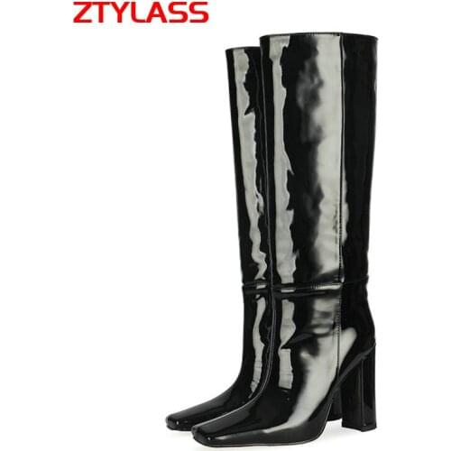 Plus Size 45 Womens Shoes Fashion Slip On Patent Leather Knee High Boots Lady Thick High Heel Square Toe Autumn Winter Boots