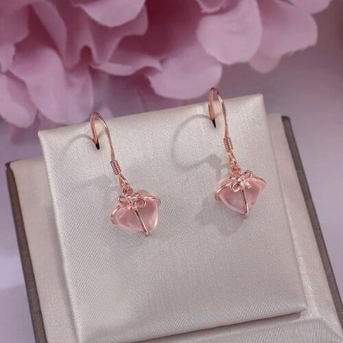 Fine Jewelry 925 Silver Sterling Drop Earrings For Women Rose Quartz 100% Natural Gemstone Pink Heart Loves Brincos CCEI012