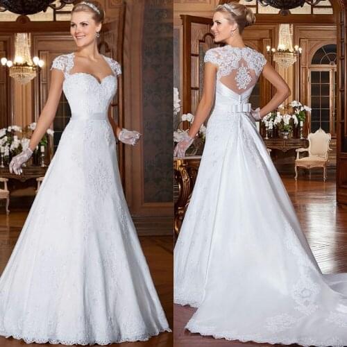 Vestido de novia Cap Sleeve 2018 illusion Bridal Gown A-line Lace Long appliques robe de mariage mother of the bride dresses