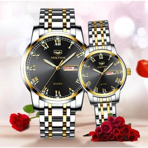 NEKTOM Top Brand New Couple Watches Pair Men And Women Luxury Fashion Stainless Steel Quartz Watches For Lovers Waterproof