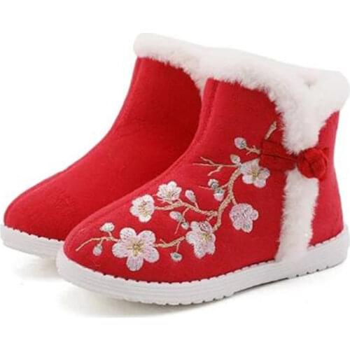 Kids Girls Hanfu Shoes Fashion Boots Childrens Cotton Shoes Ethnic Style Plush Warm Boots Embroidered Shoes Autumn/Winter Boots