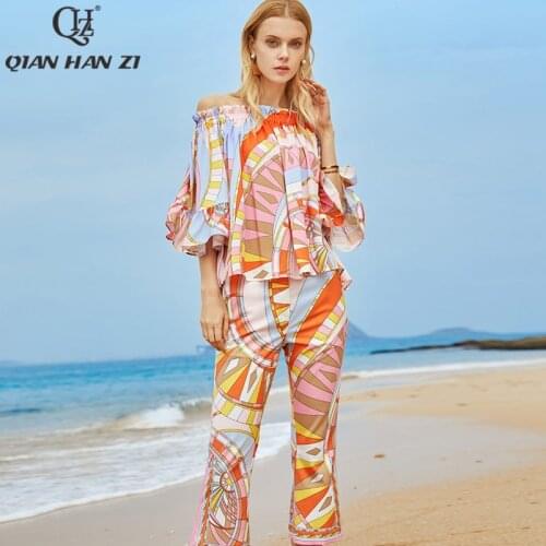 Qian Han Zi designer fashion women Print two-piece set Women Slash neck Loose sleeves Blouse/top+Horn 8 points pants suit set