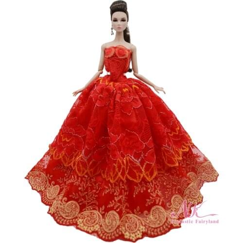 NK 1Pcs Doll Noble Princess Red Half-Pack Lace Wedding Dress Fashion Evening Dress For Barbie Accessories Doll Best Girl Gift 4X