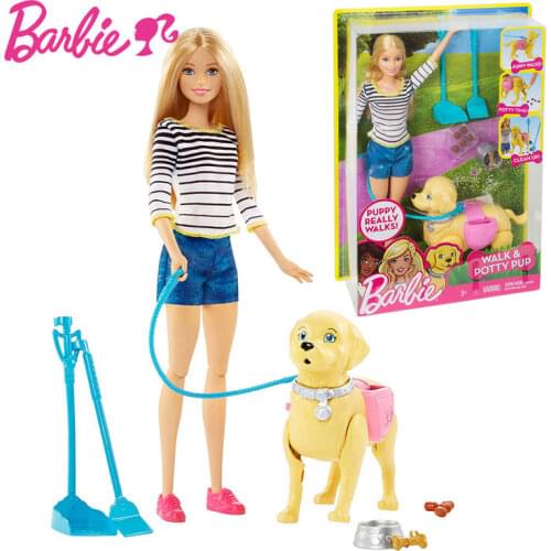 Barbie Doll Learn Care For Animals Series Barbie Girl Gift Box Toy Will Walk Pet Greedy Dog DWJ68 Walk & Potty PUP