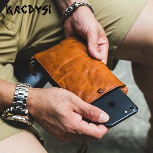 First Layer of Leather Designer Retro Men Clutch Purse Slim Long Fashion Man Day Clutches Wristlets Phone Bag Card Holder Wallet