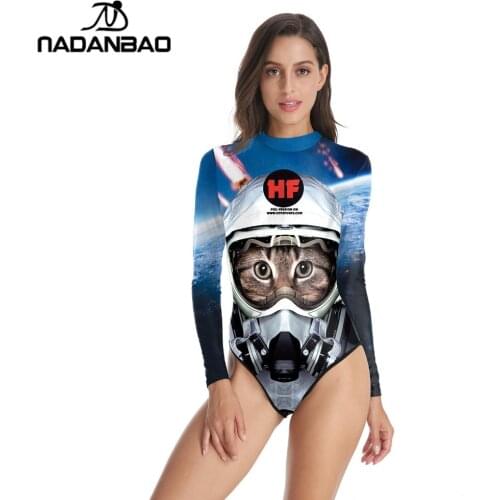 New New Design Bodysuit Bathing Suit Space Cats Printed Women Swimwear Loog Sleeve Zippered One Piece Swimsuit B120-009