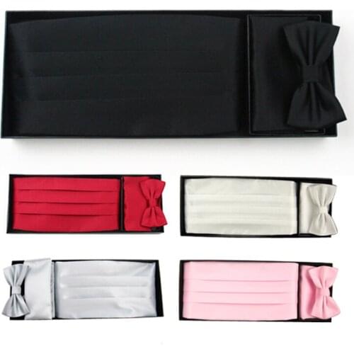 2018 New Men Dress Girdle+Bow Tie+Square Towel Handkerchief Gravata Borboleta Men Wedding Party Girdles Bowtie Burgundy Gift Box