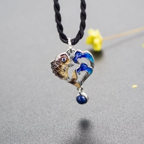 S925 silver small fish inlaid with natural stone pendants Baking blue craft womens pendant