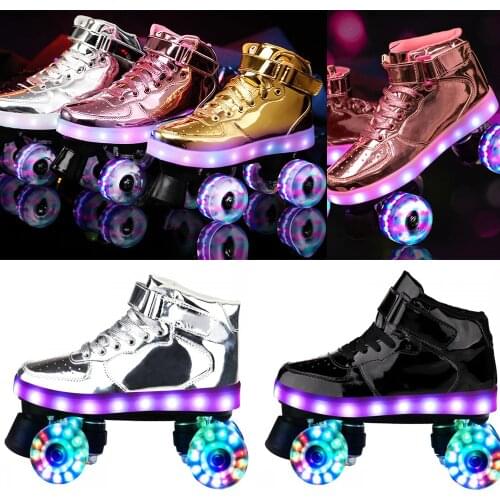 Led Rechargeable Flash Roller Skates Adult Double Row Pulley Shoes Men Women Patines 4-Wheel PU Children Luminous Skating Shoes
