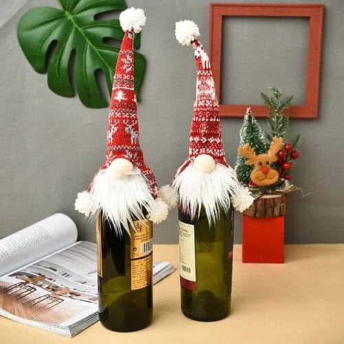 Christmas Party Home Table Decor Knitting Wine Bottle Covers Santa Clause Gnome Doll Red Wine Champagne Bottle Cover Snowflake