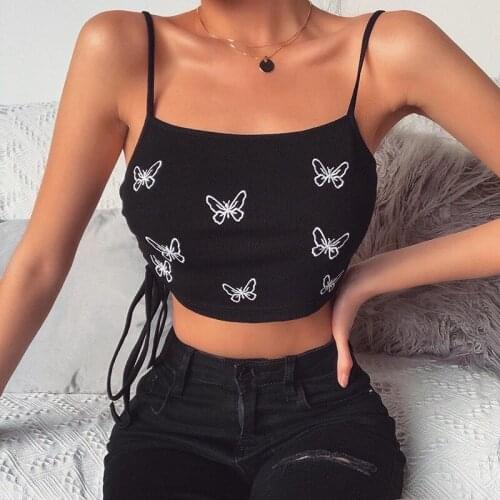 Musuos Sexy Crop Tops Women Slim Fit Butterflies Printing Camis Sling Strappy Backless Side Tie Black Vest Summer Basic Clothing