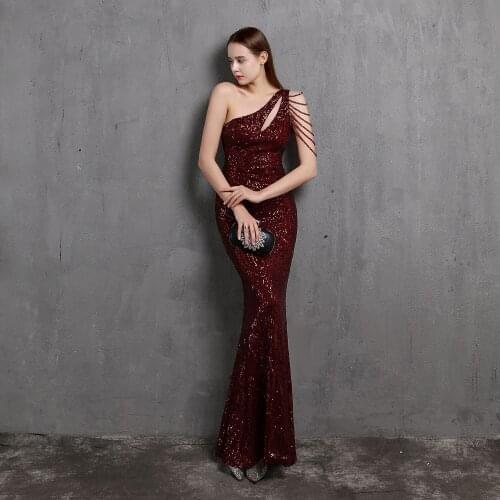 Partysix New 2021 Beads Party Women Dress Elegant One Shoulder Gold Long Sequin Evening Dress