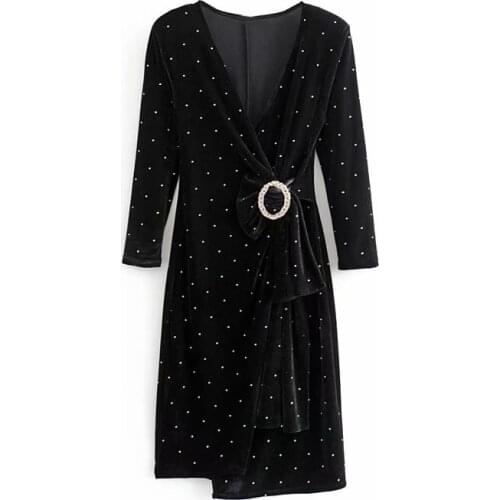 PUWD Vintage Woman Velvet Side Slit Party Dress 2020 Fashion Ladies Autumn V Neck Sashes Dresses Female Sexy Long Sleeve Dress