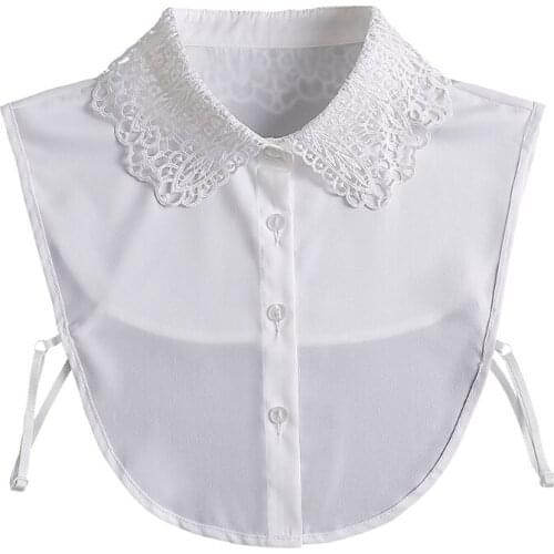 Women Decorative Layering Half Shirt Detachable White Dickey Blouse Hollow Out Embroidery Lace Lapel False Collar Top