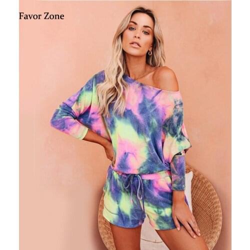 Sexy Slash Neck Long Sleeve Womens T-shirt Drawstring Shorts Home Two Piece Suit Women Autumn Casual Tie Dye Tracksuit Outfits