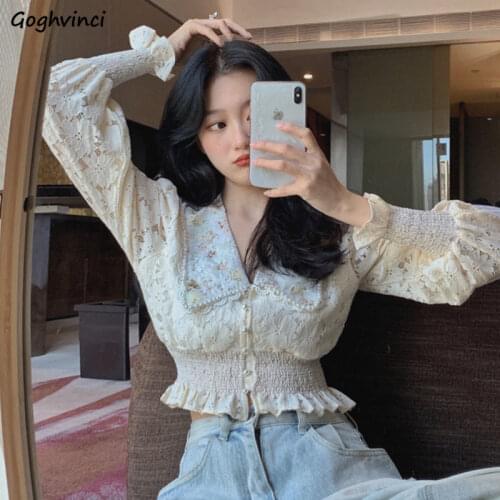 Shirts Women Short Embroidery Floral Peter Pan Collar Lantern Sleeve New Retro Elegant Style Sexy Ladies Fashion Streetwear Soft