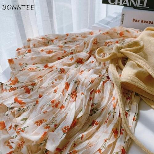 Skirts Women Print Chiffon Students Vintage All-match High Street Casual Loose Spring Ulzzang Mujer Hipster Daily Design Bottom