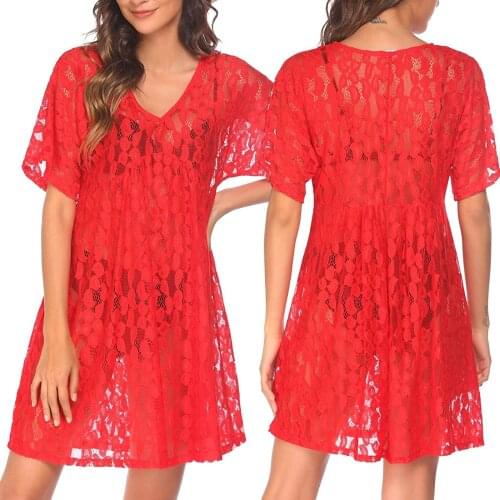 Female Beach Dress, Solid Color V-Neck Short Sleeve Bikini Covers See-Through Dress for Summer, Black/Red/White