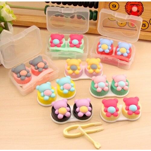 10pcs High quality Fashion Cute Little bear compact portable contact lens case rectangle transparent Partner box color random