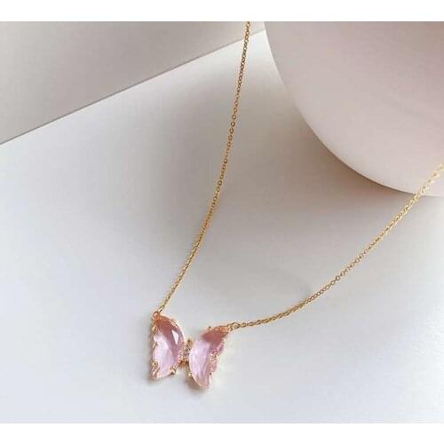 2020 Fashion New Gold Plated Crystal Butterfly Necklaces Charm Jewelry Pink Purple Butterfly Pendant Necklace For Women Gift