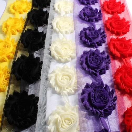 30yard/lot 2.6'' 15Colors Artificial Soft Rose Trim Shabby Frayed Chiffon 3D Fabric Flowers For Headbands /Wedding Decortions
