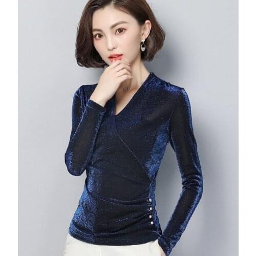 Womens Spring Autumn Style Blouses Shirt Womens Elegant Solid Color V-neck Sequined Long Sleeve Elegant Slim Casual Top DD8597