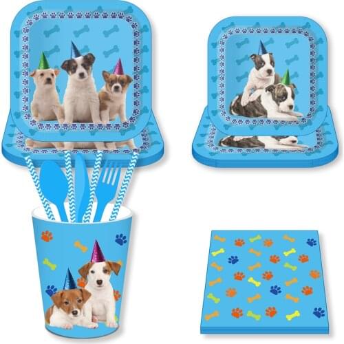 Birthday Cute Blue Pet Dogs Baby Shower Party Theme Disposable Tableware Sets Happy Birthday Party Plates Cup Napkins Decoration