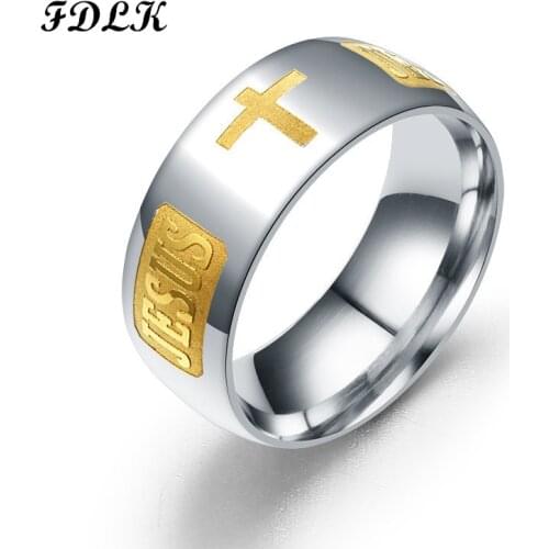 FDLK Religious Christian Jesus Cross Ring 8mm Stainless Steel God Save Us Band Rings For Men Women Party Gift