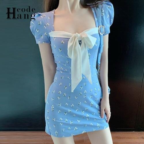 HangCode Korean Fashion Floral Print Vintage Square Bow Collar Bodycon Sexy Backless Mini 2021 Summer Women Dress Party Vestidos